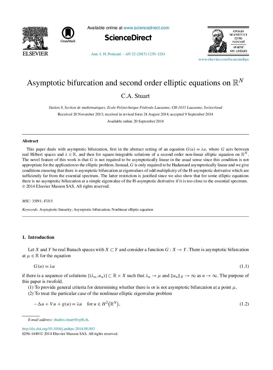 Asymptotic bifurcation and second order elliptic equations on RNRN