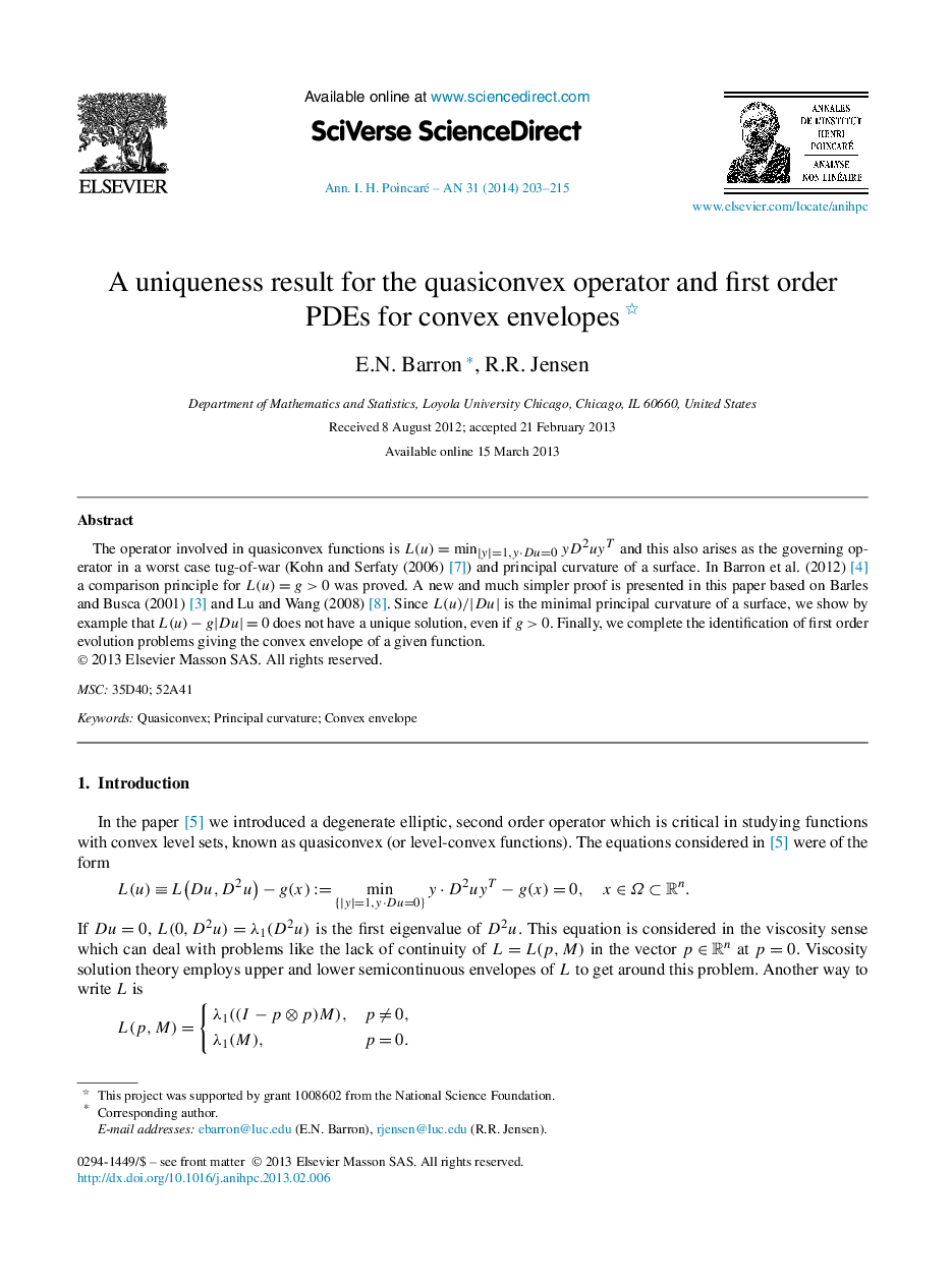 A uniqueness result for the quasiconvex operator and first order PDEs for convex envelopes 