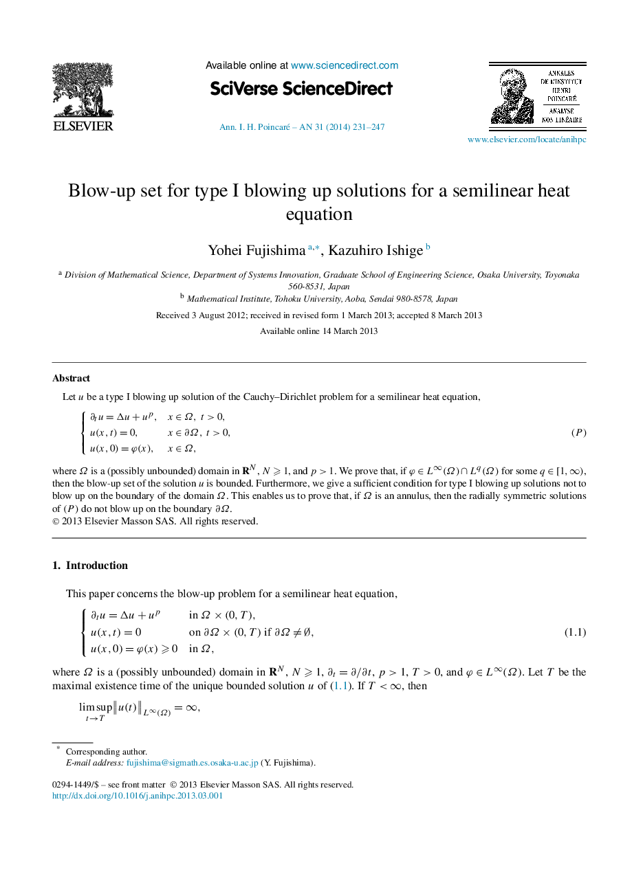 Blow-up set for type I blowing up solutions for a semilinear heat equation