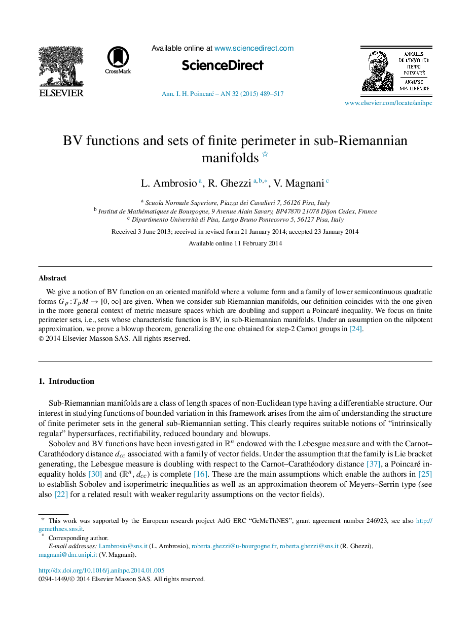عکس صفحه اول مقاله: BV functions and sets of finite perimeter in sub-Riemannian manifolds BV functions and sets of finite perimeter in sub-Riemannian manifolds