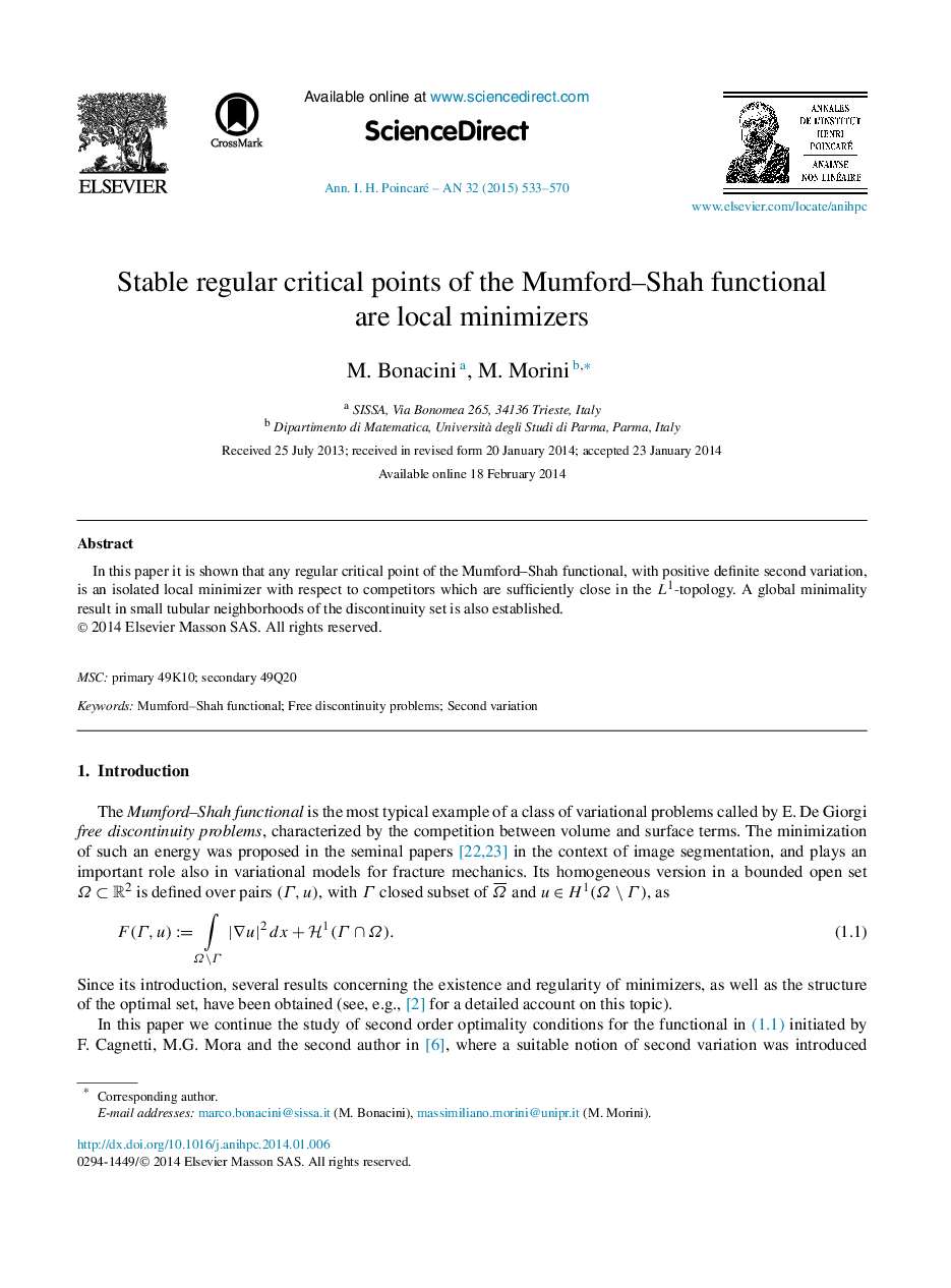 Stable regular critical points of the Mumford–Shah functional are local minimizers