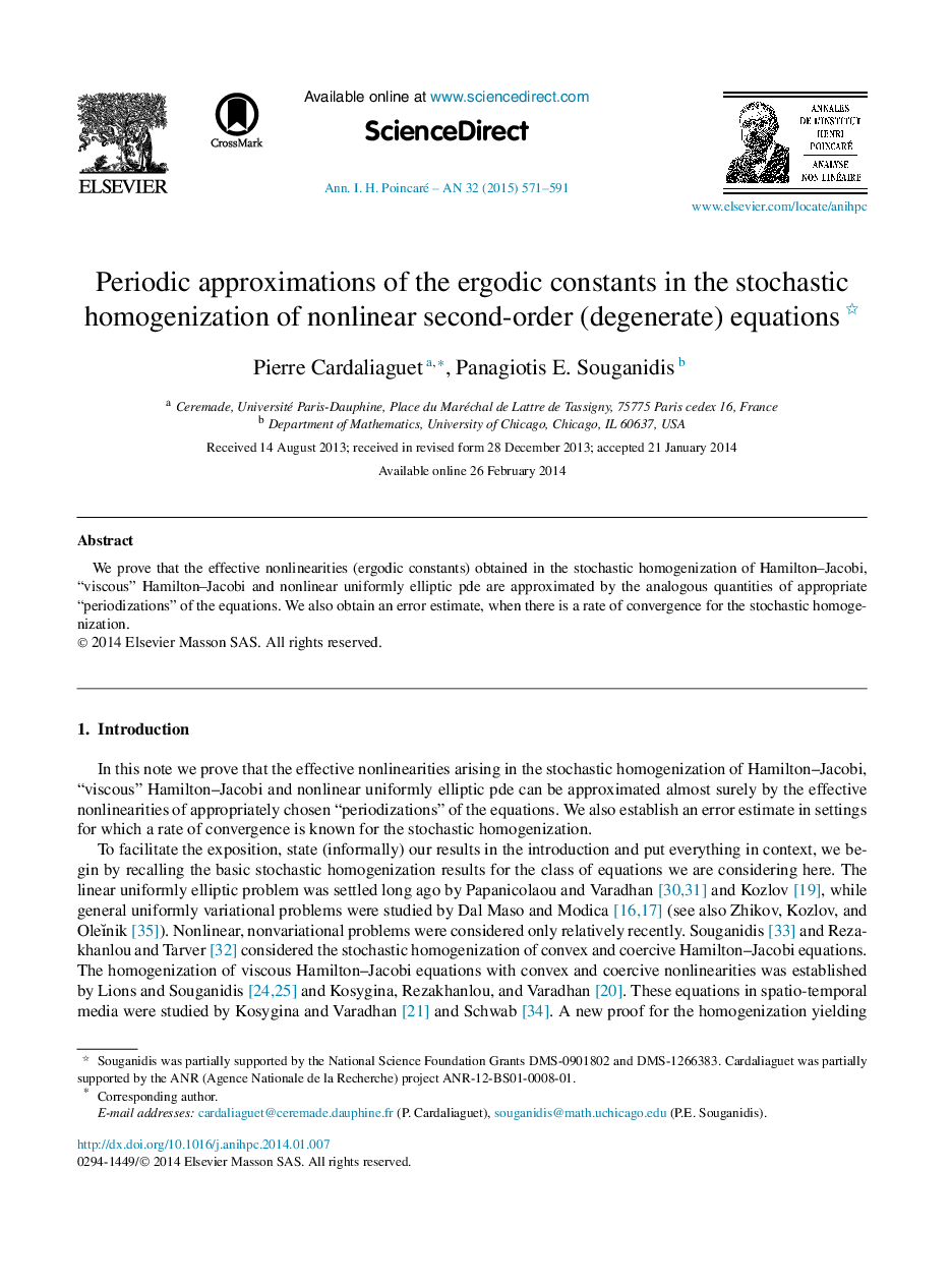 عکس صفحه اول مقاله: Periodic approximations of the ergodic constants in the stochastic homogenization of nonlinear second-order (degenerate) equations Periodic approximations of the ergodic constants in the stochastic homogenization of nonlinear second-order (degenerate) equations