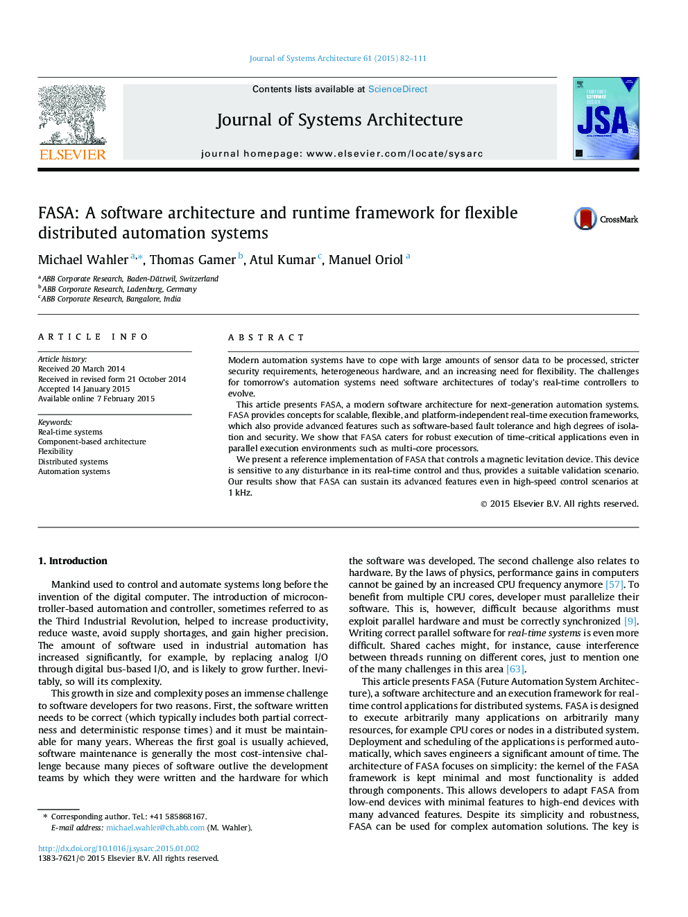 FASA: A software architecture and runtime framework for flexible distributed automation systems