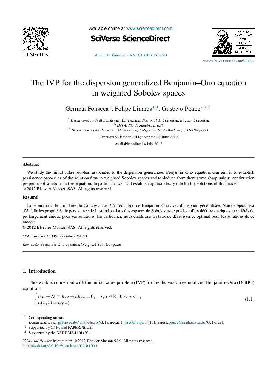 عکس صفحه اول مقاله: The IVP for the dispersion generalized Benjamin–Ono equation in weighted Sobolev spaces The IVP for the dispersion generalized Benjamin–Ono equation in weighted Sobolev spaces