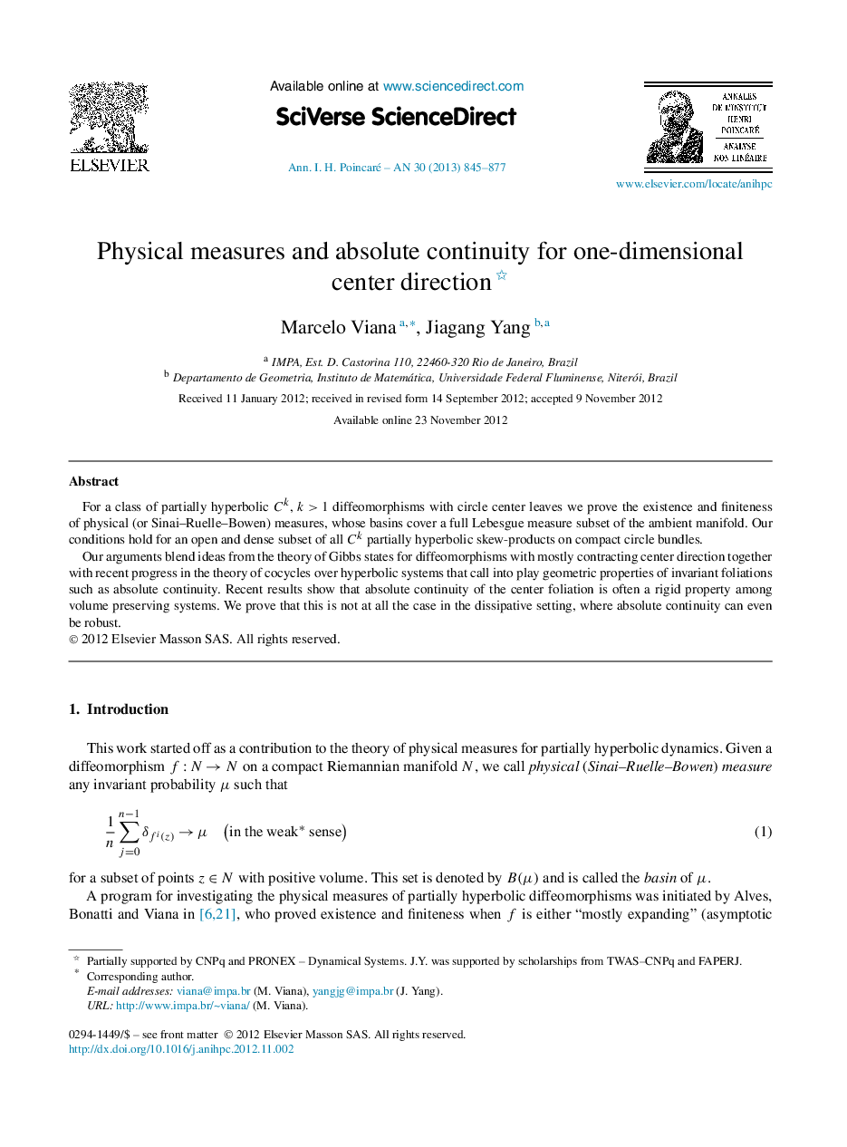 Physical measures and absolute continuity for one-dimensional center direction 
