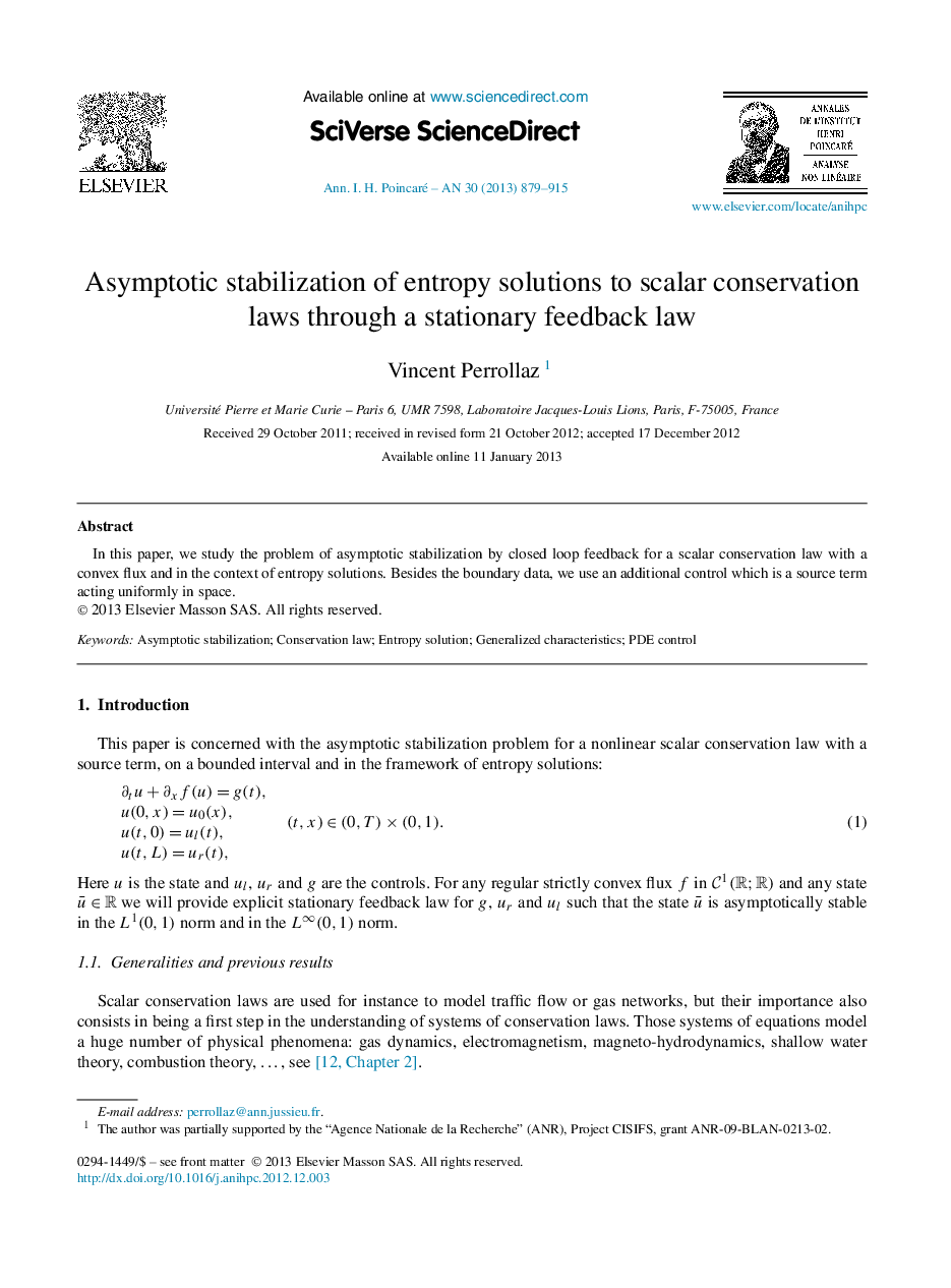 عکس صفحه اول مقاله: Asymptotic stabilization of entropy solutions to scalar conservation laws through a stationary feedback law Asymptotic stabilization of entropy solutions to scalar conservation laws through a stationary feedback law