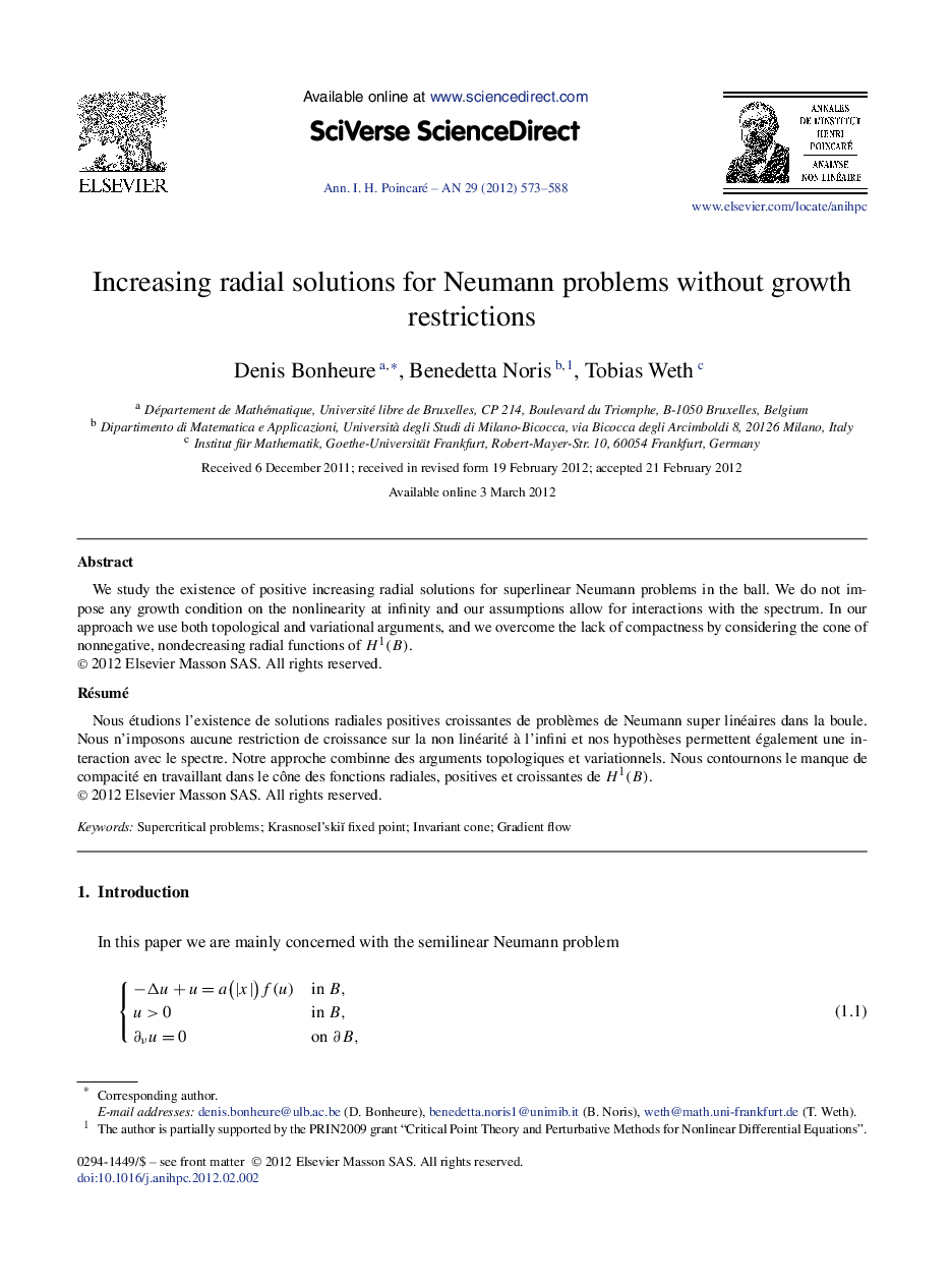 عکس صفحه اول مقاله: Increasing radial solutions for Neumann problems without growth restrictions Increasing radial solutions for Neumann problems without growth restrictions