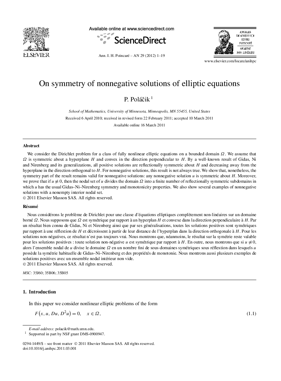 عکس صفحه اول مقاله: On symmetry of nonnegative solutions of elliptic equations On symmetry of nonnegative solutions of elliptic equations