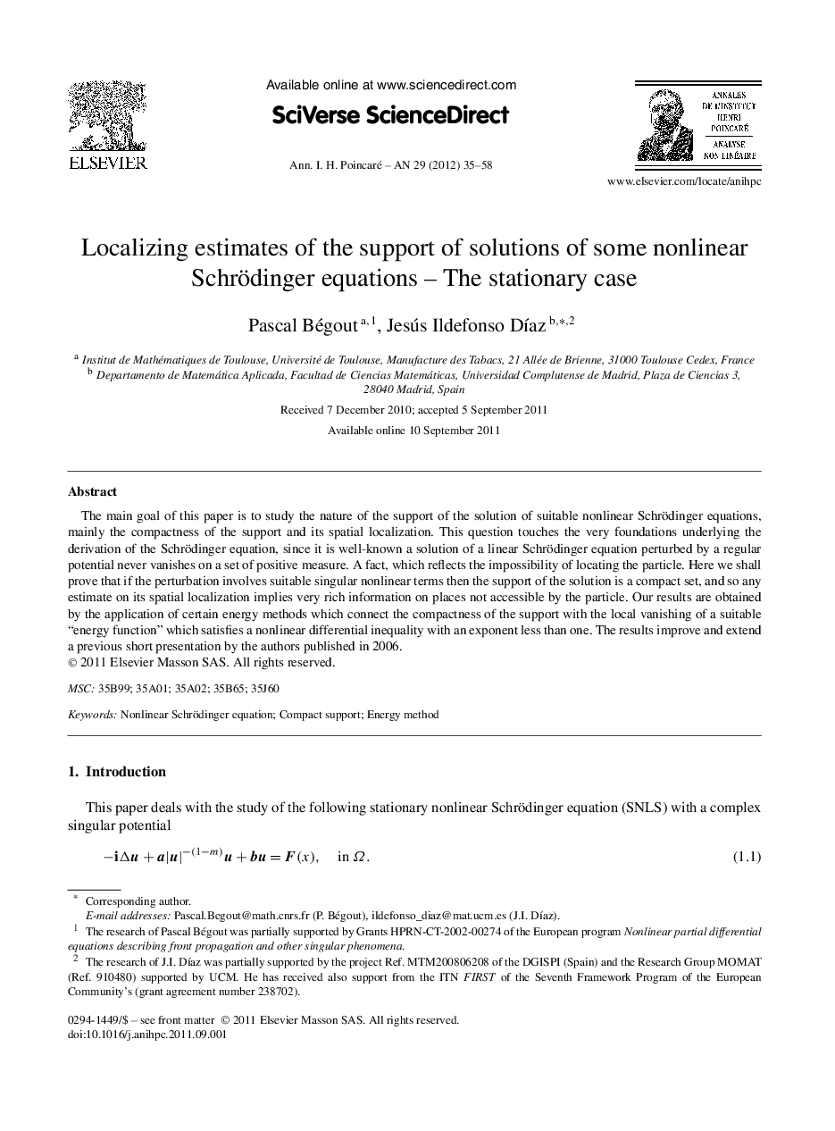 Localizing estimates of the support of solutions of some nonlinear Schrödinger equations – The stationary case