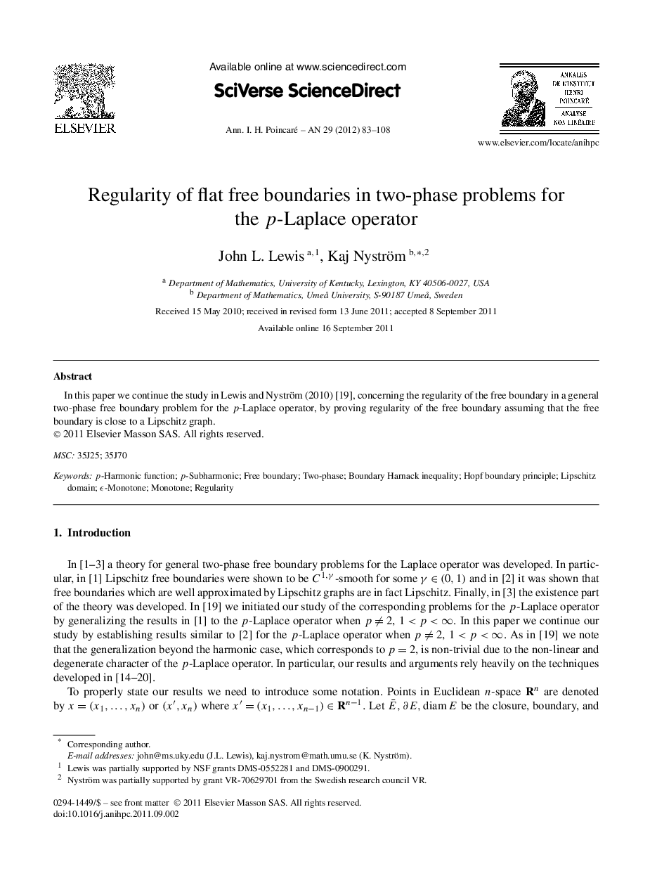 عکس صفحه اول مقاله: Regularity of flat free boundaries in two-phase problems for the p-Laplace operator Regularity of flat free boundaries in two-phase problems for the p-Laplace operator