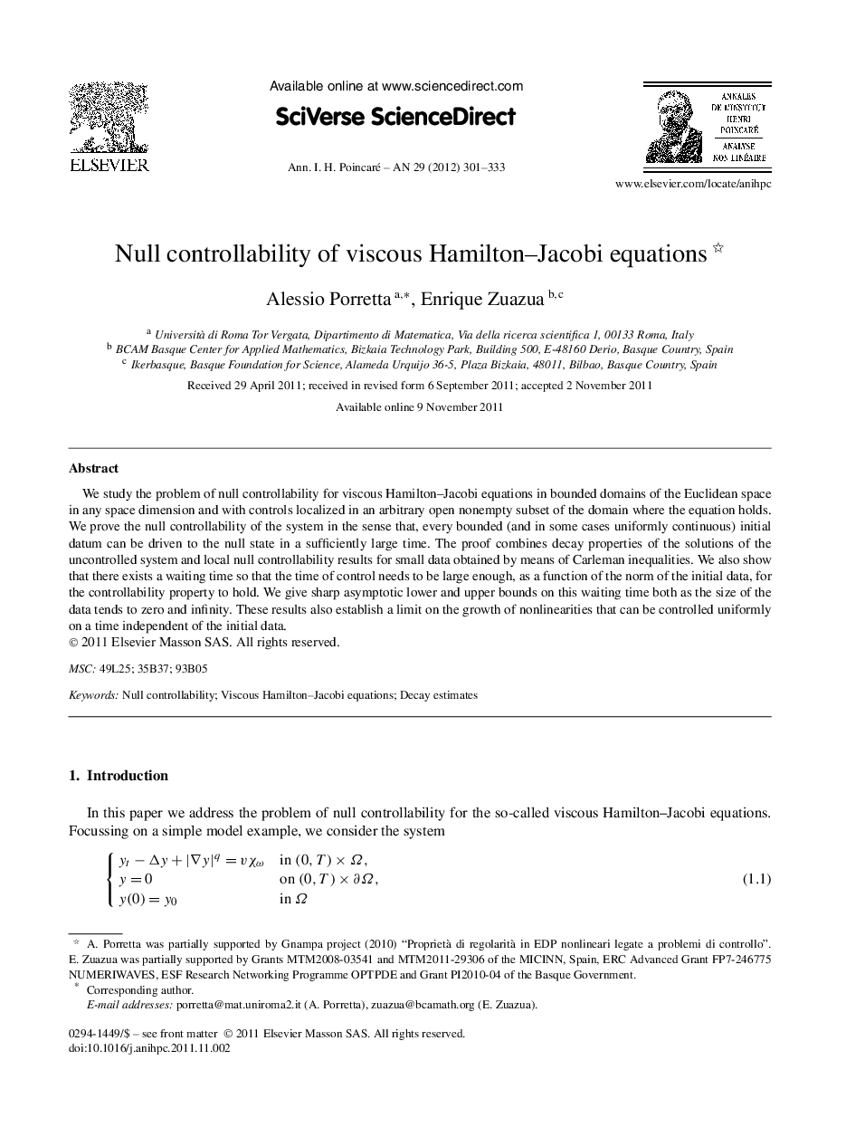 Null controllability of viscous Hamilton–Jacobi equations 