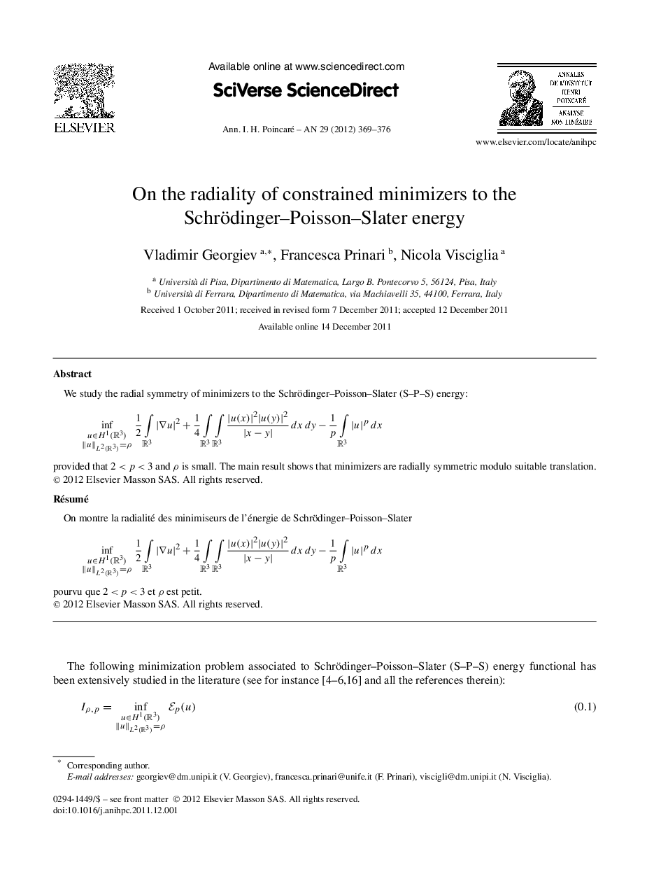 On the radiality of constrained minimizers to the Schrödinger–Poisson–Slater energy