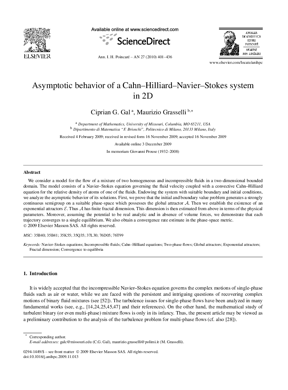 Asymptotic behavior of a Cahn–Hilliard–Navier–Stokes system in 2D