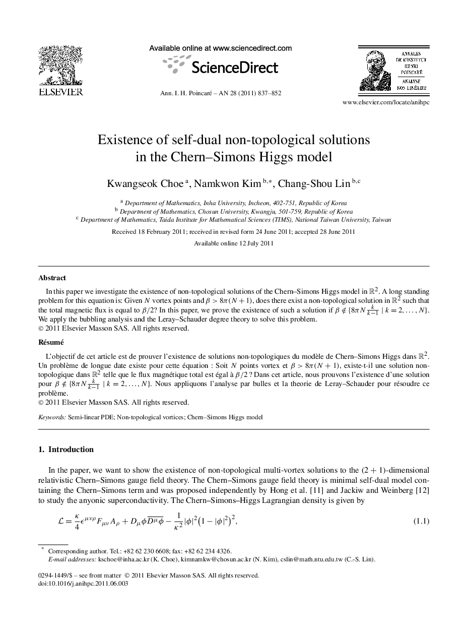 عکس صفحه اول مقاله: Existence of self-dual non-topological solutions in the Chern–Simons Higgs model Existence of self-dual non-topological solutions in the Chern–Simons Higgs model