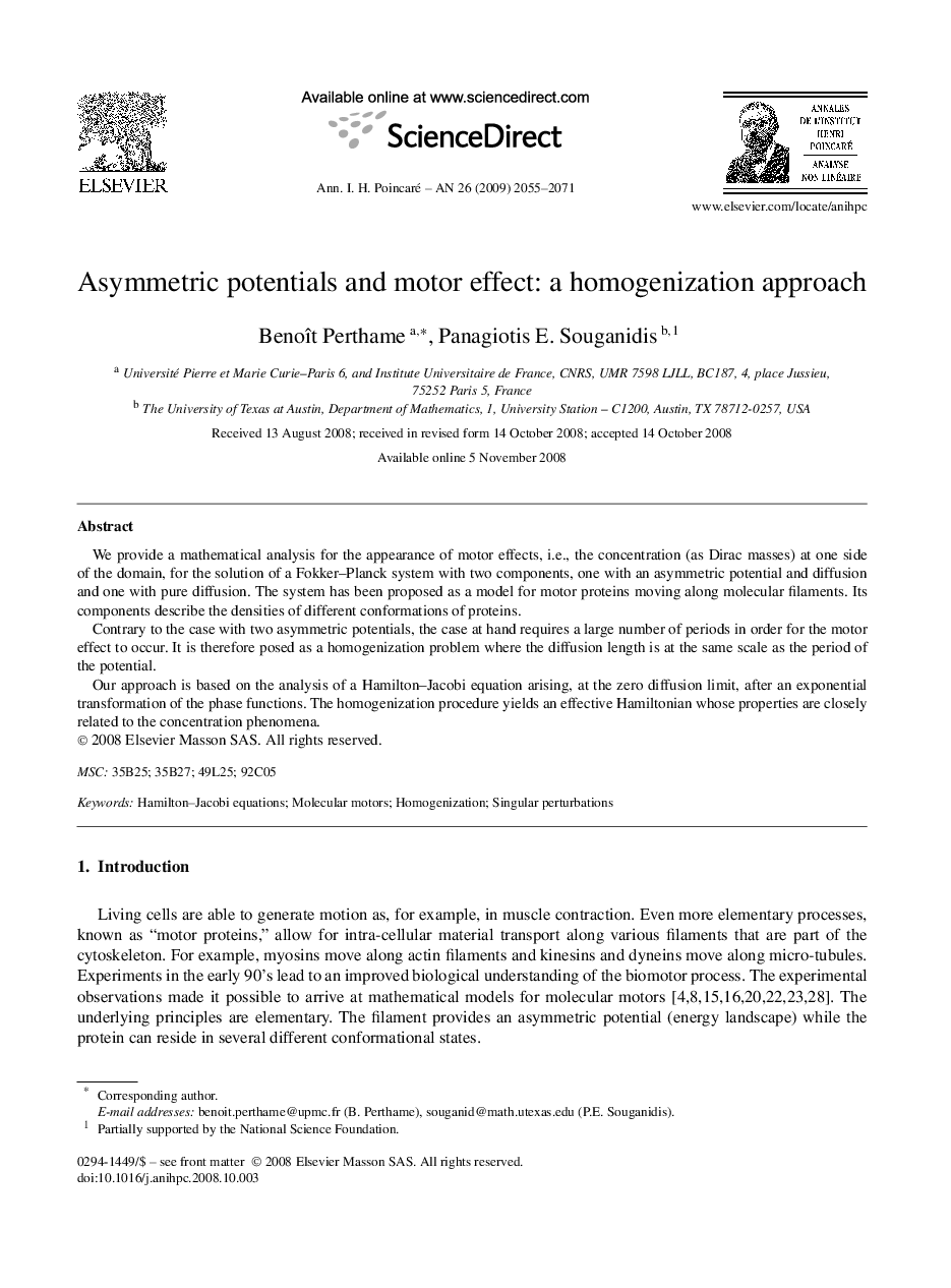 Asymmetric potentials and motor effect: a homogenization approach