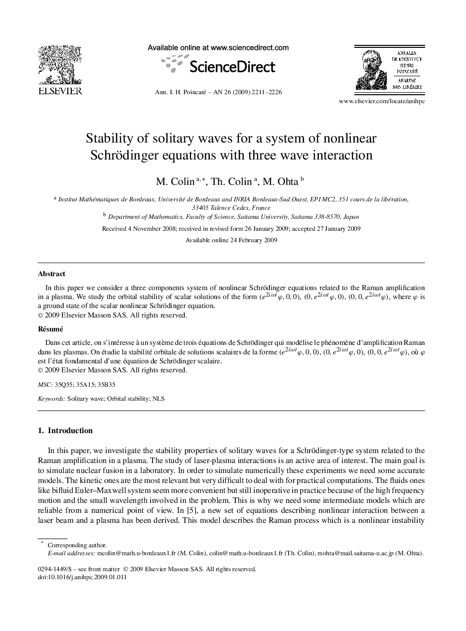 Stability of solitary waves for a system of nonlinear Schrödinger equations with three wave interaction