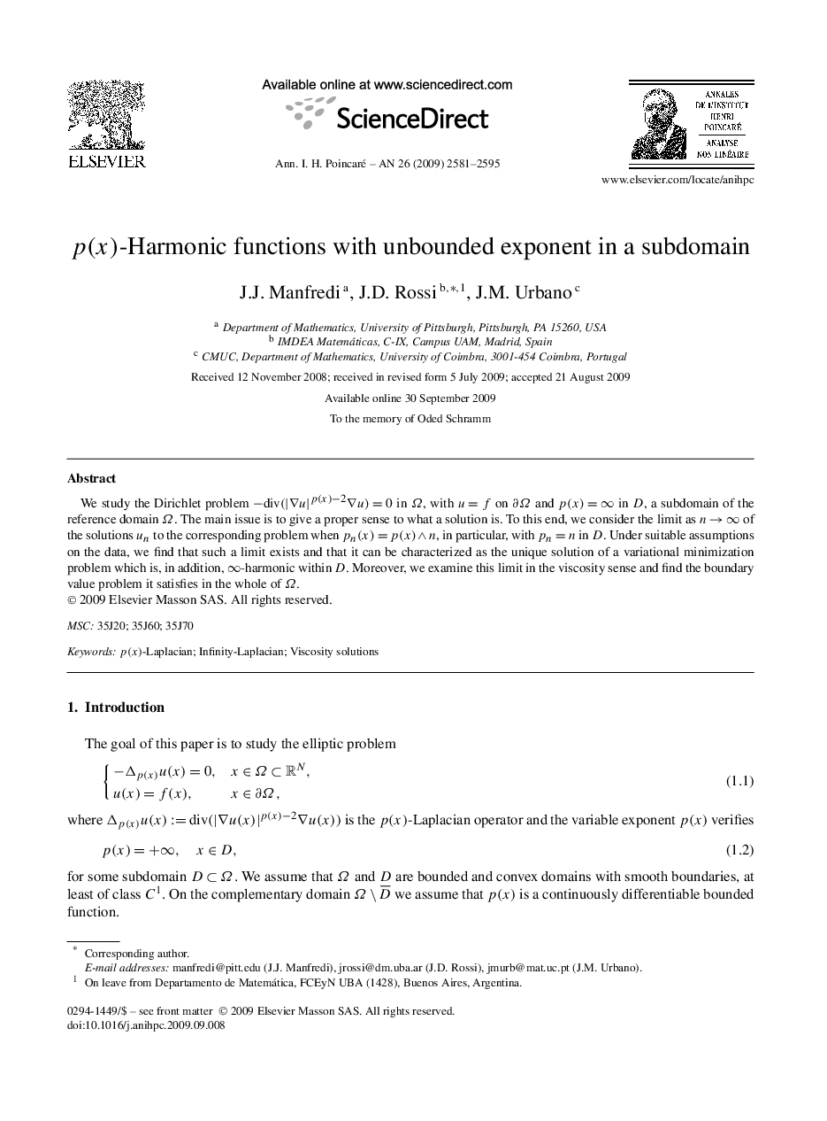 p(x)-Harmonic functions with unbounded exponent in a subdomain