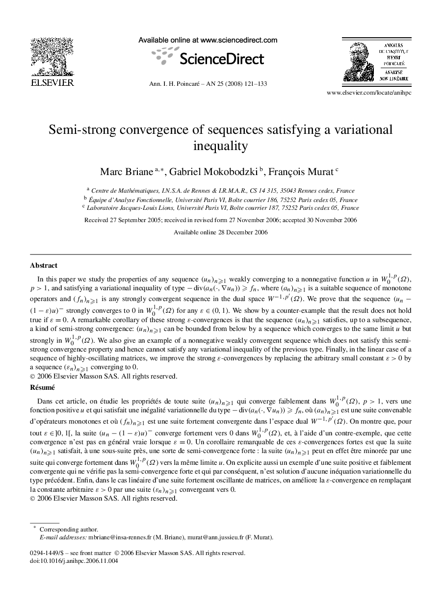 عکس صفحه اول مقاله: Semi-strong convergence of sequences satisfying a variational inequality Semi-strong convergence of sequences satisfying a variational inequality