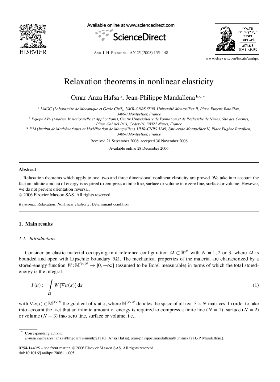 عکس صفحه اول مقاله: Relaxation theorems in nonlinear elasticity Relaxation theorems in nonlinear elasticity