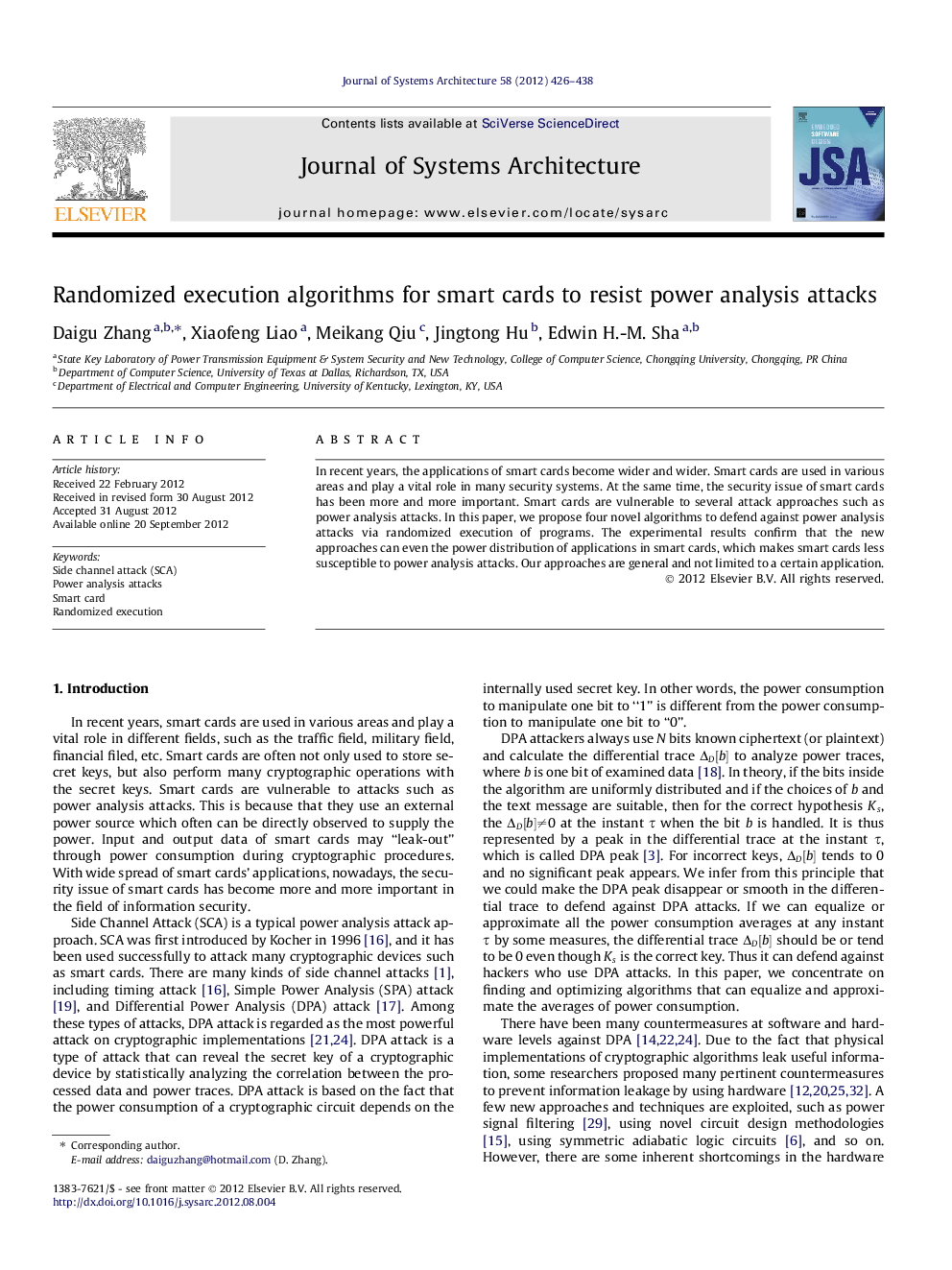 Randomized execution algorithms for smart cards to resist power analysis attacks