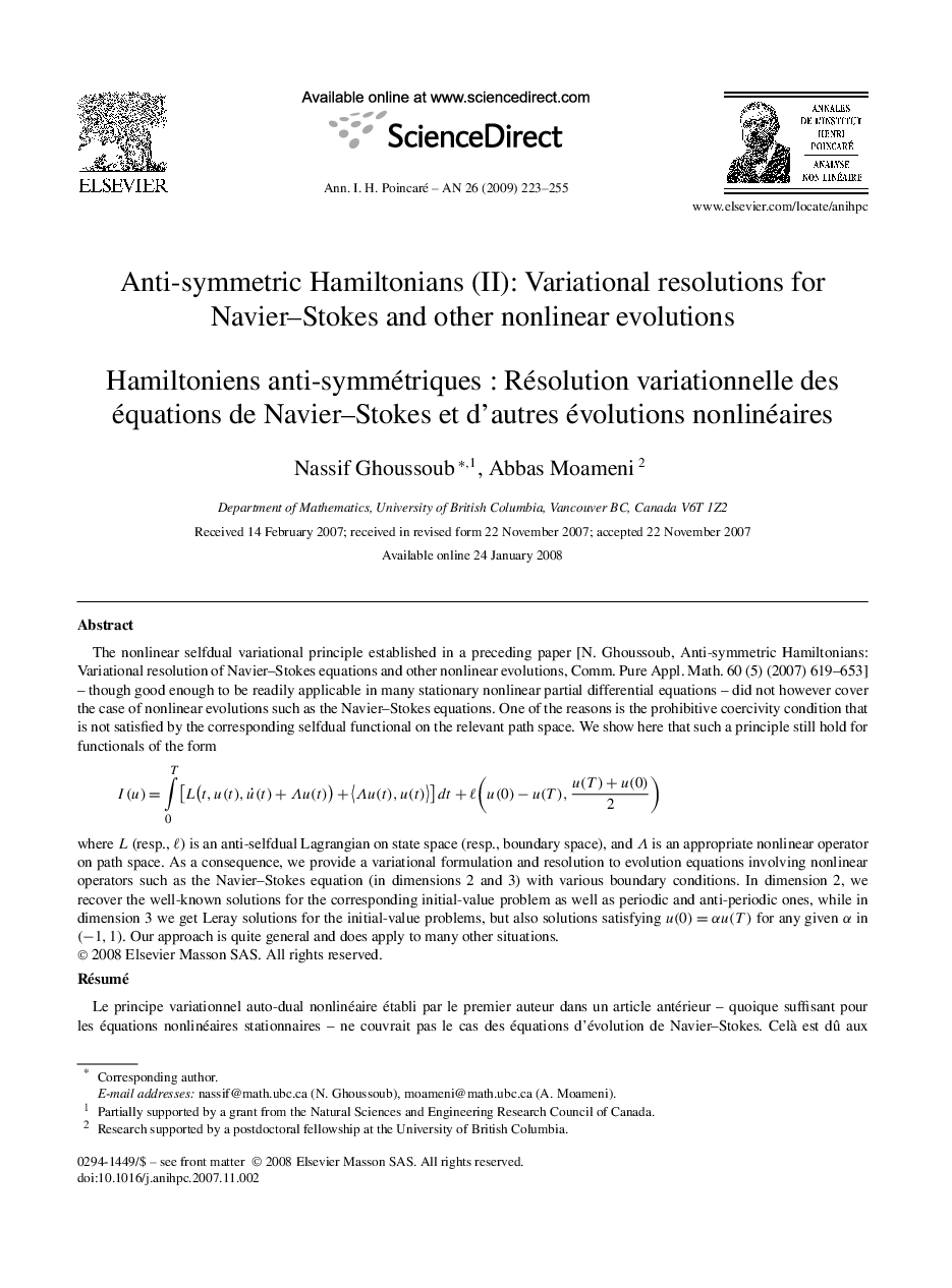 Anti-symmetric Hamiltonians (II): Variational resolutions for Navier–Stokes and other nonlinear evolutions