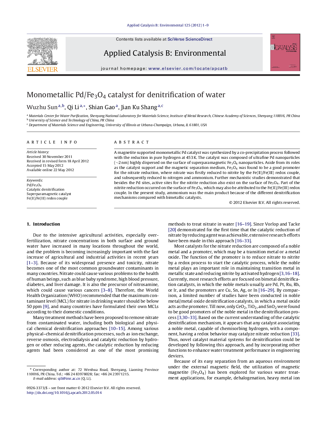 Monometallic Pd/Fe3O4 catalyst for denitrification of water