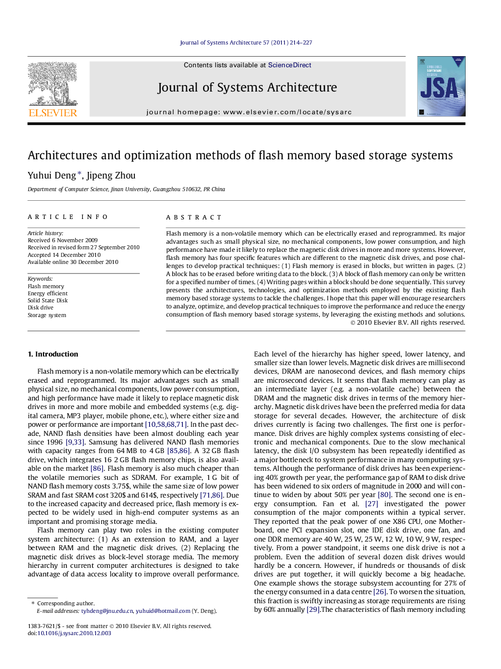 Architectures and optimization methods of flash memory based storage systems