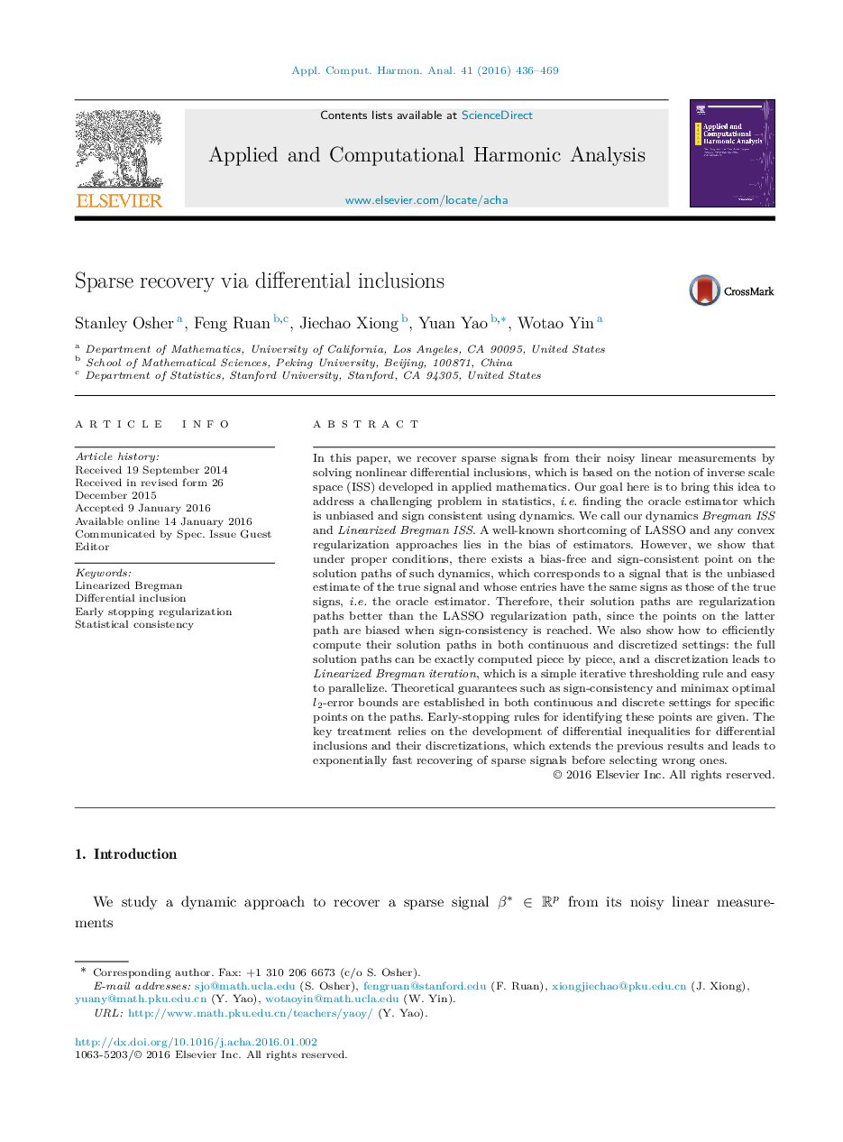 Sparse recovery via differential inclusions