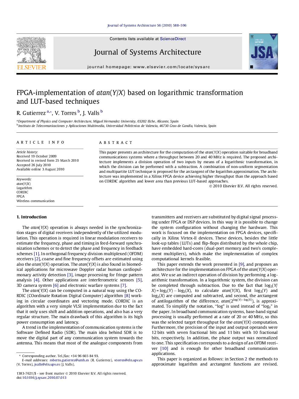 FPGA-implementation of atan(Y/X) based on logarithmic transformation and LUT-based techniques