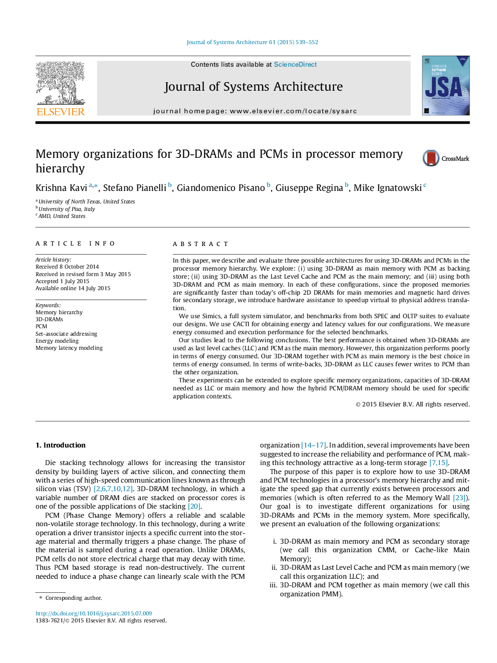 Memory organizations for 3D-DRAMs and PCMs in processor memory hierarchy