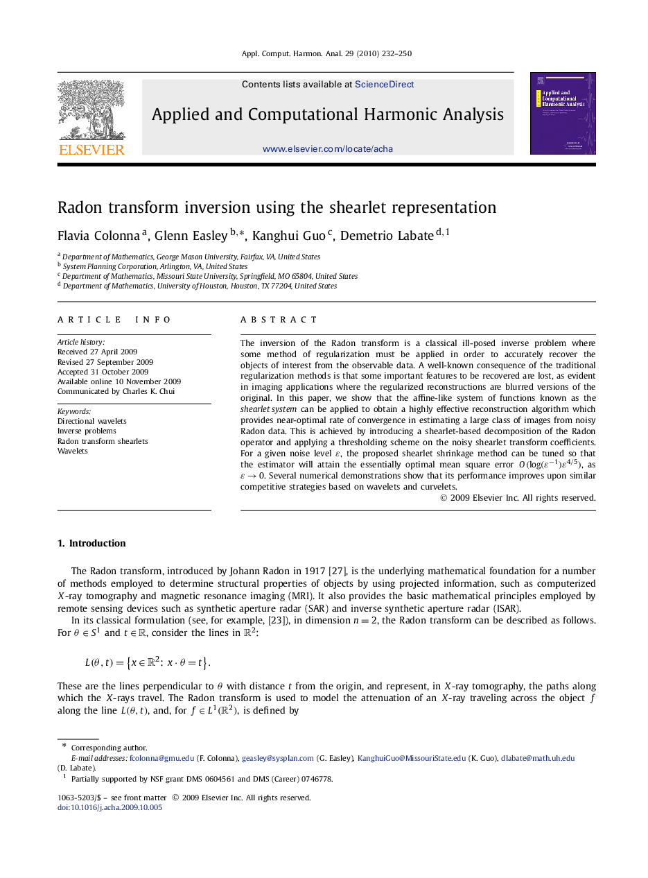 Radon transform inversion using the shearlet representation