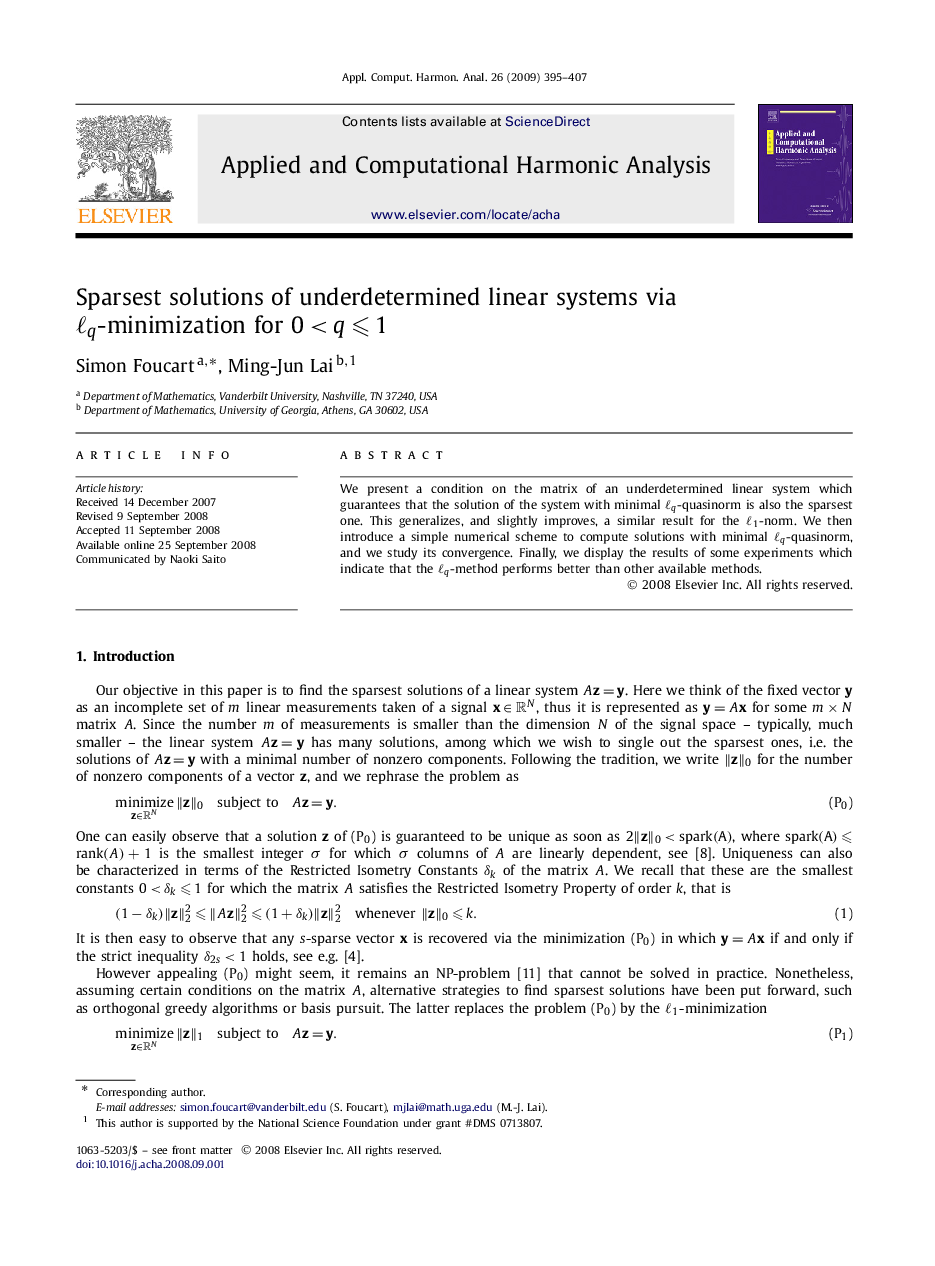 Sparsest solutions of underdetermined linear systems via ℓq-minimization for 0<q⩽1