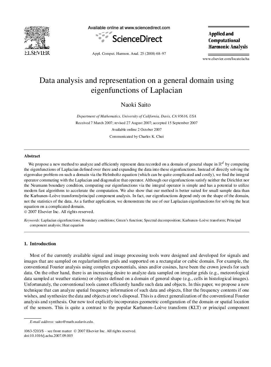 Data analysis and representation on a general domain using eigenfunctions of Laplacian