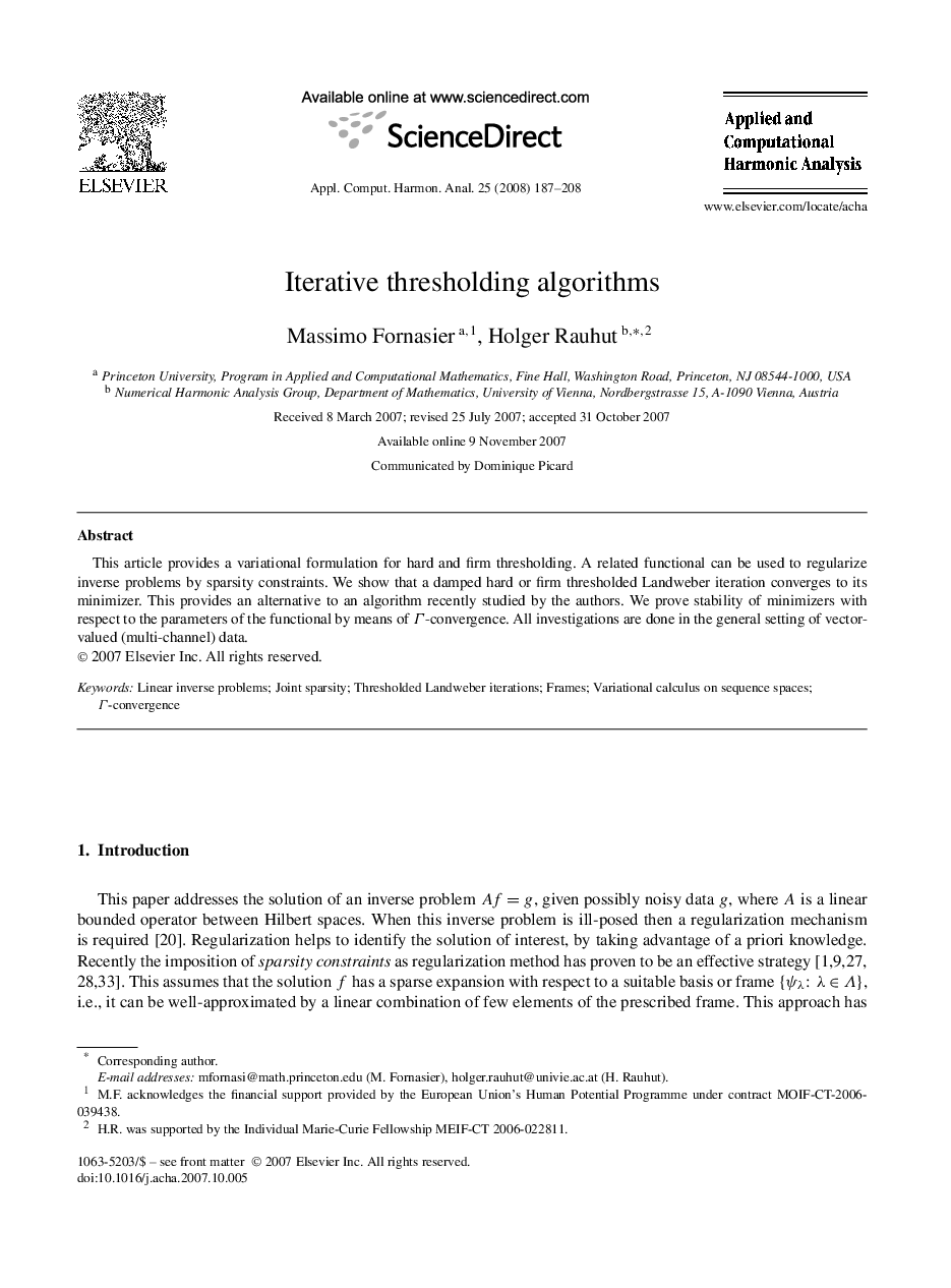 Iterative thresholding algorithms