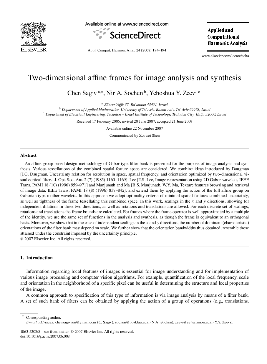 Two-dimensional affine frames for image analysis and synthesis