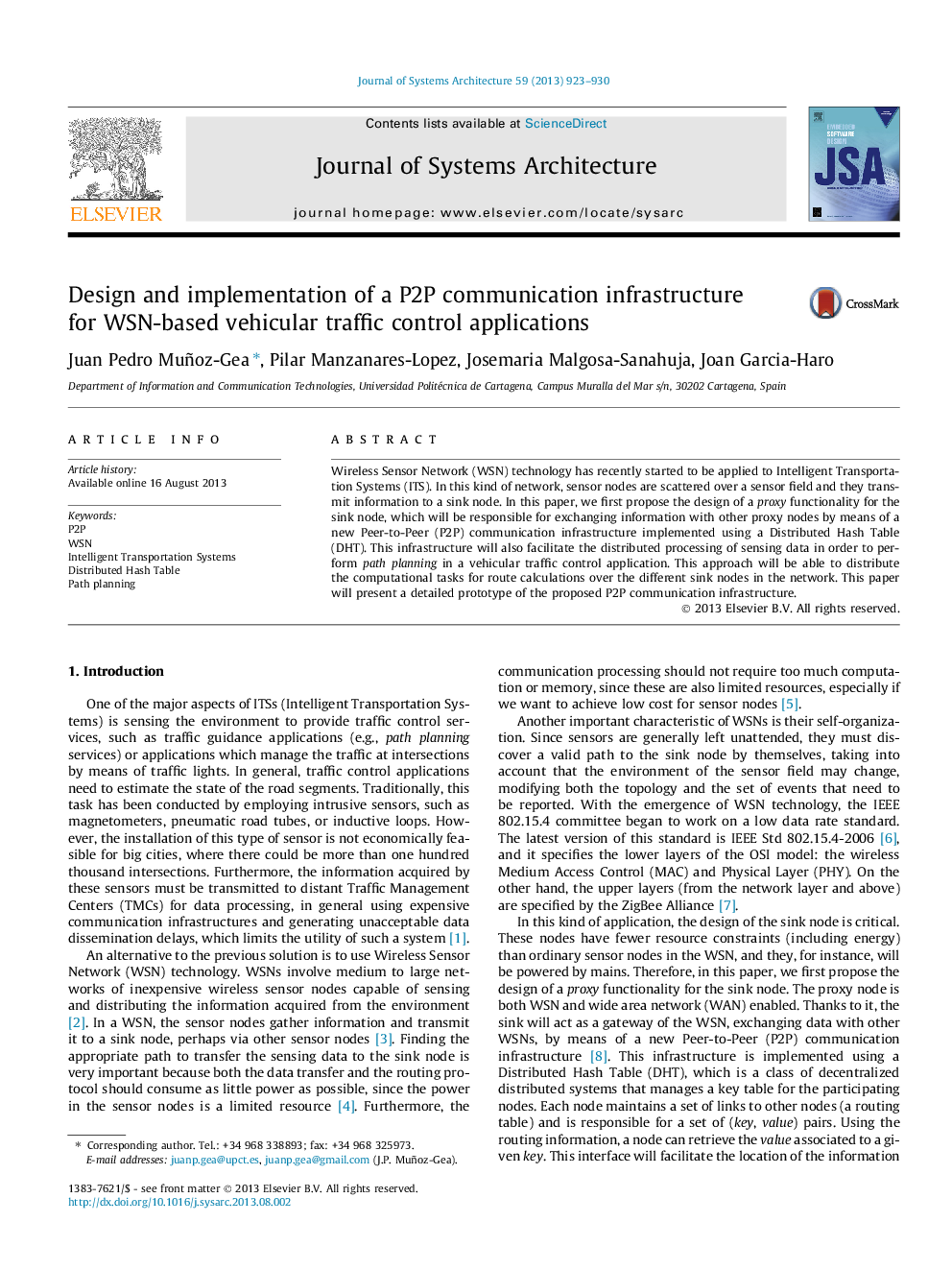 Design and implementation of a P2P communication infrastructure for WSN-based vehicular traffic control applications