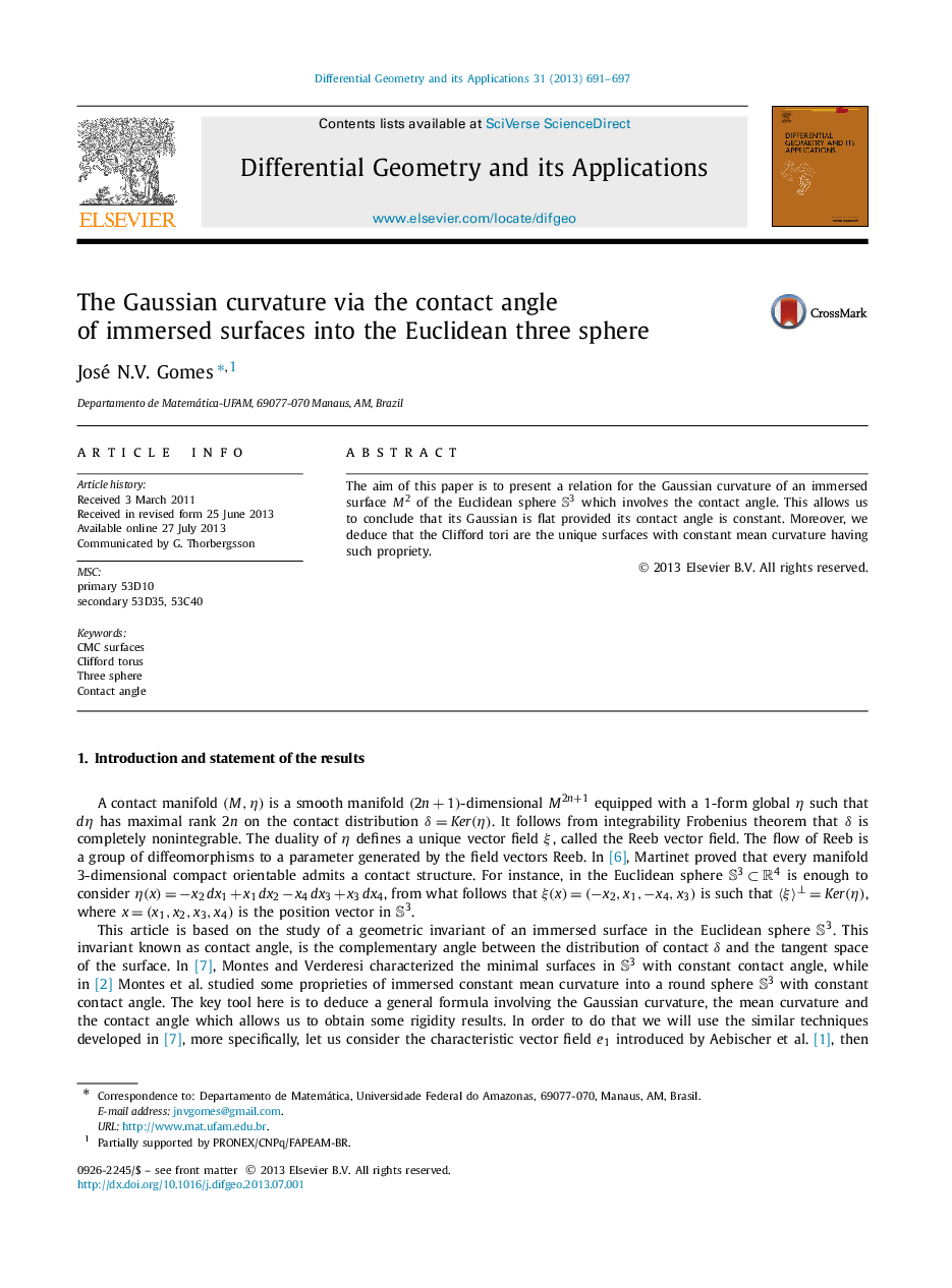 The Gaussian curvature via the contact angle of immersed surfaces into the Euclidean three sphere