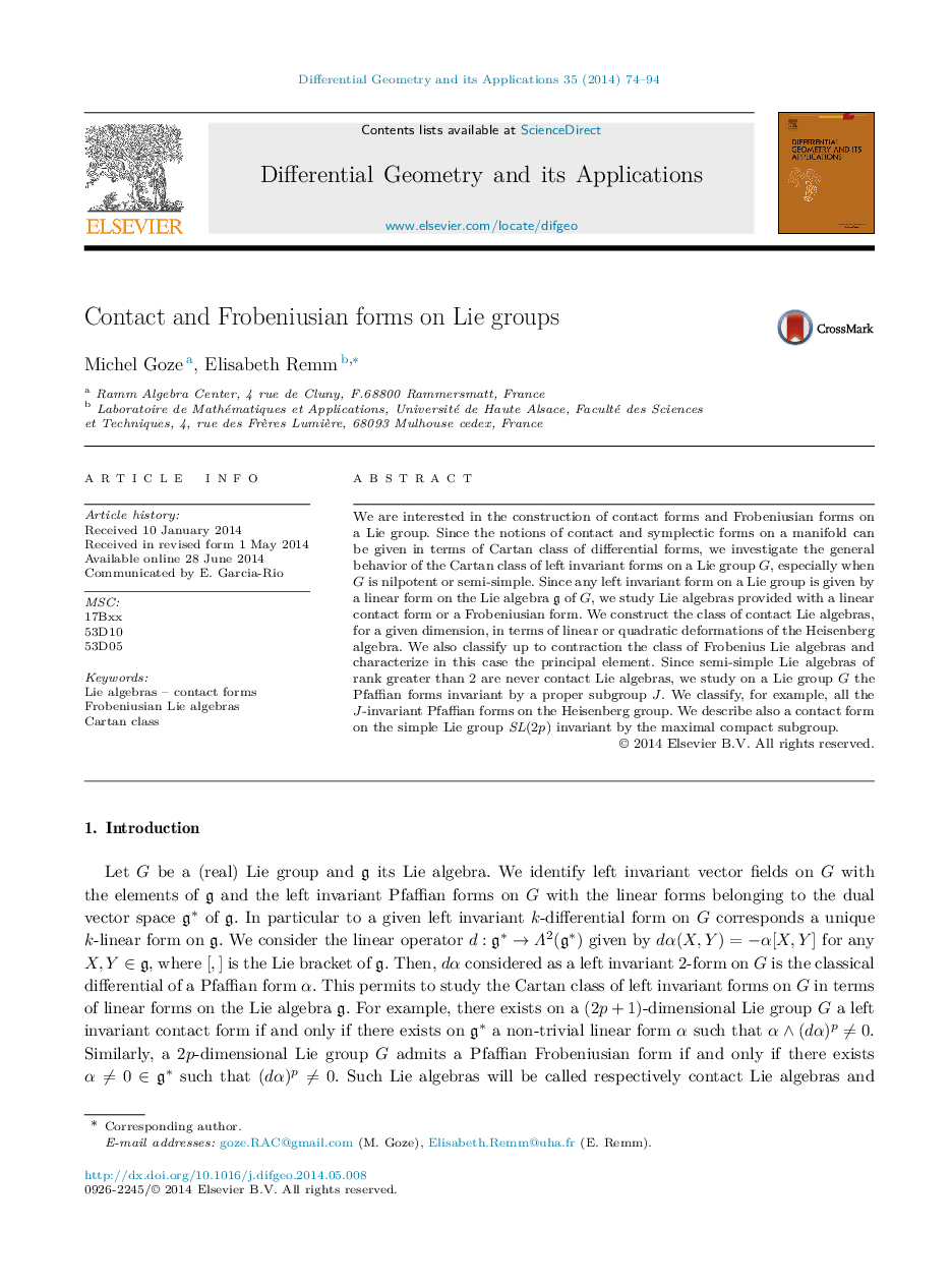 Contact and Frobeniusian forms on Lie groups