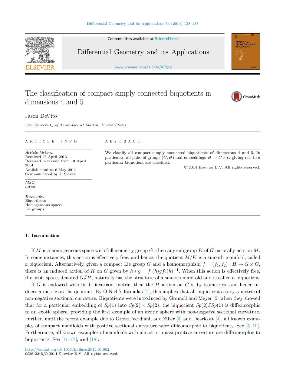 The classification of compact simply connected biquotients in dimensions 4 and 5