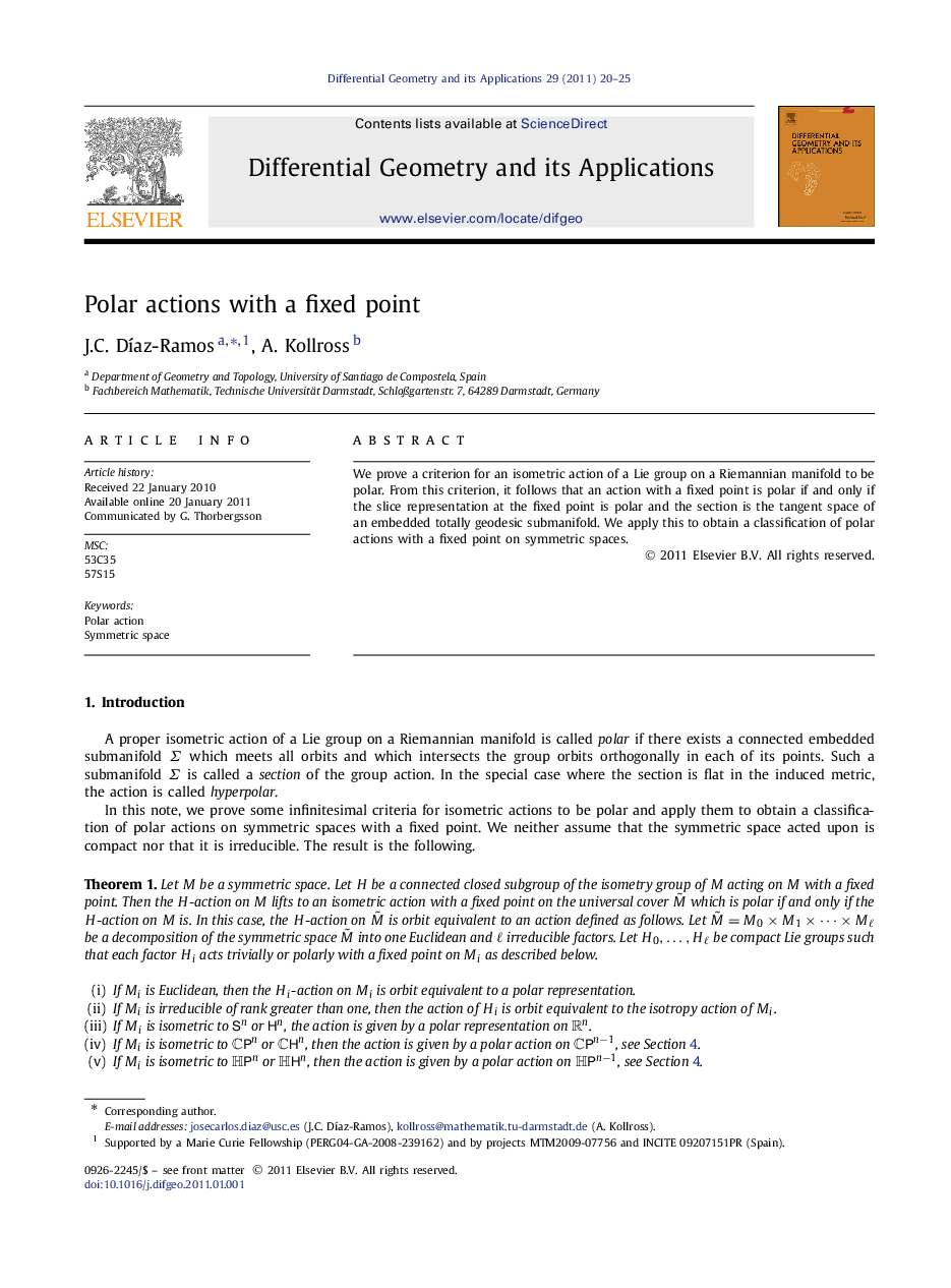 Polar actions with a fixed point