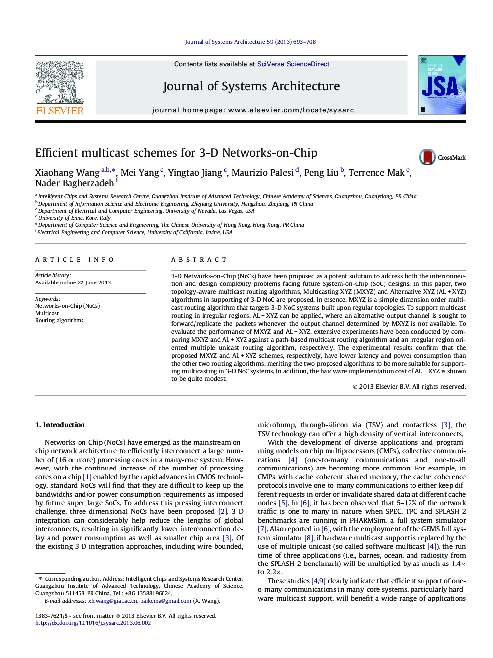 Efficient multicast schemes for 3-D Networks-on-Chip