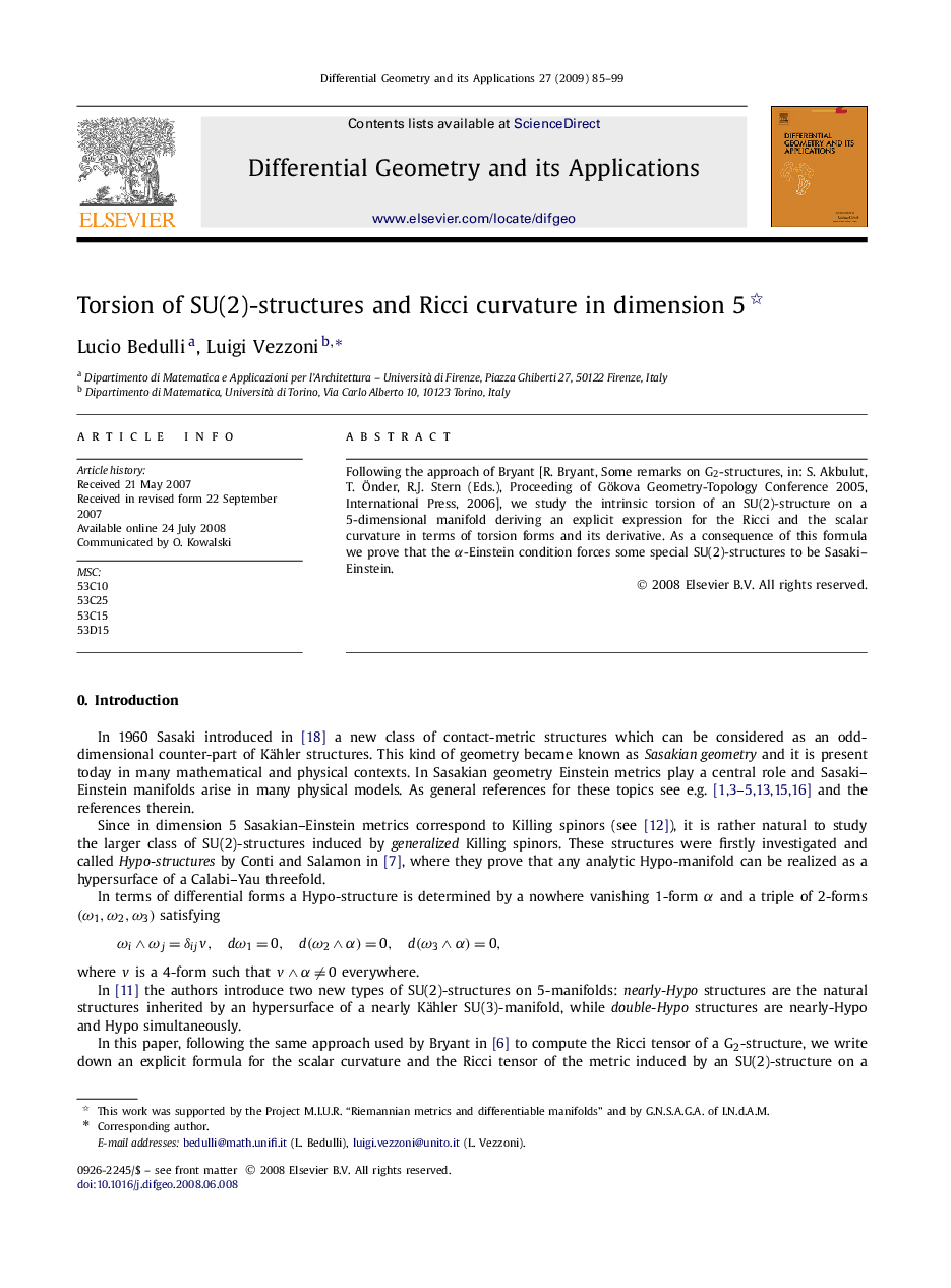 Torsion of SU(2)-structures and Ricci curvature in dimension 5 