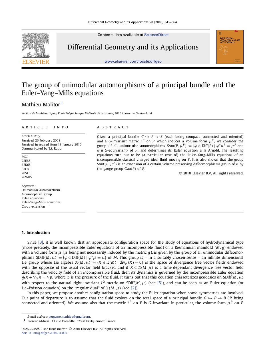 The group of unimodular automorphisms of a principal bundle and the Euler-Yang-Mills equations