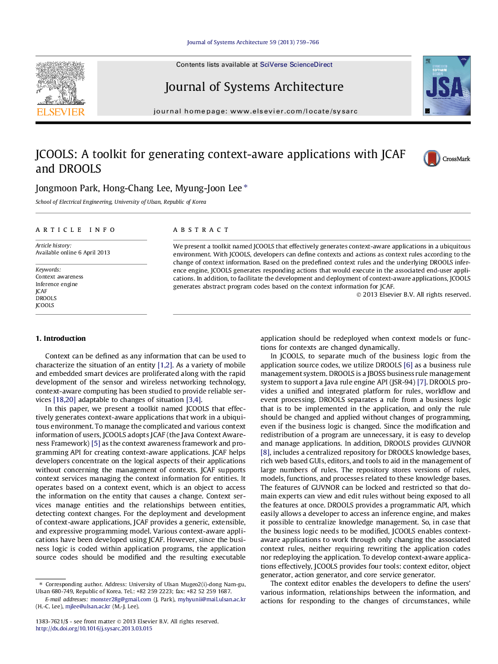 JCOOLS: A toolkit for generating context-aware applications with JCAF and DROOLS