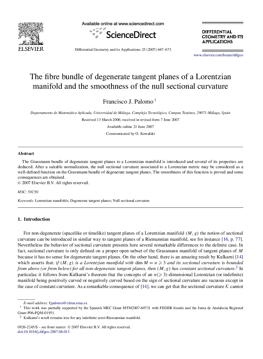 The fibre bundle of degenerate tangent planes of a Lorentzian manifold and the smoothness of the null sectional curvature