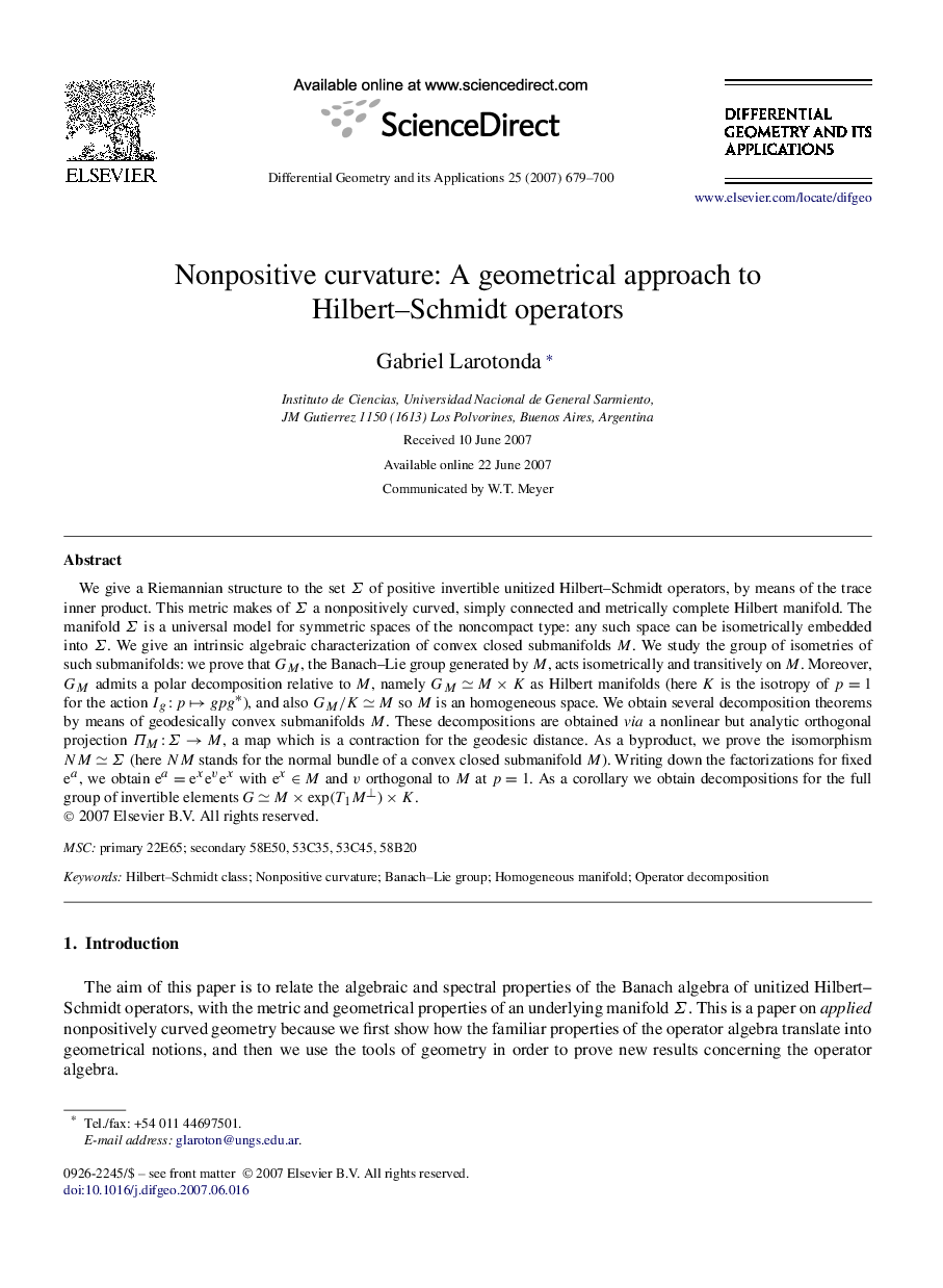 Nonpositive curvature: A geometrical approach to Hilbert–Schmidt operators