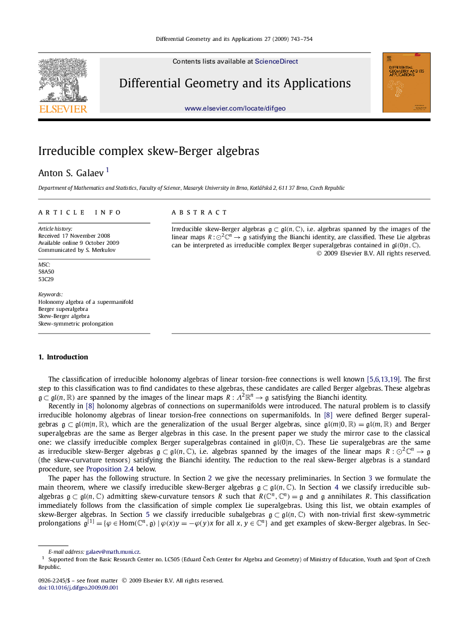 Irreducible complex skew-Berger algebras