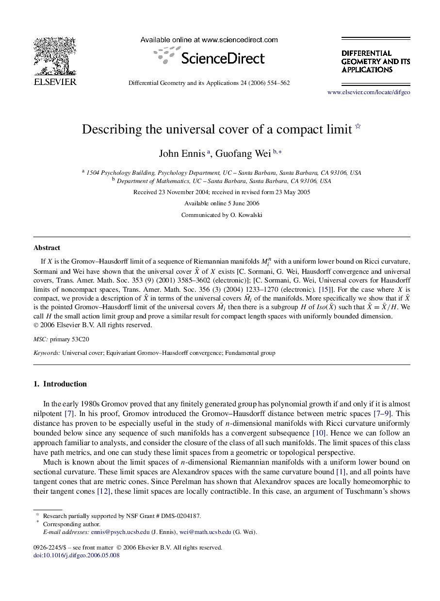 عکس صفحه اول مقاله: Describing the universal cover of a compact limit Describing the universal cover of a compact limit