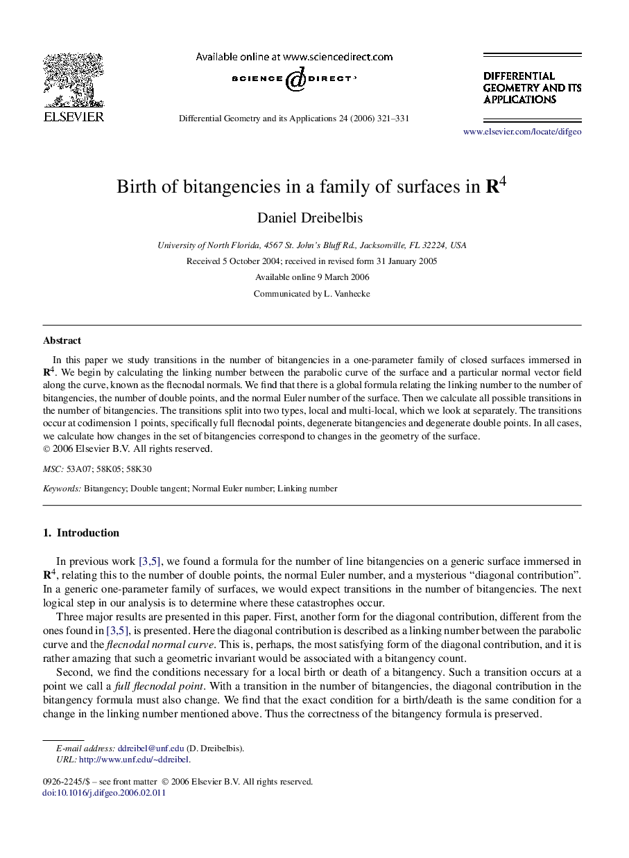 Birth of bitangencies in a family of surfaces in R4