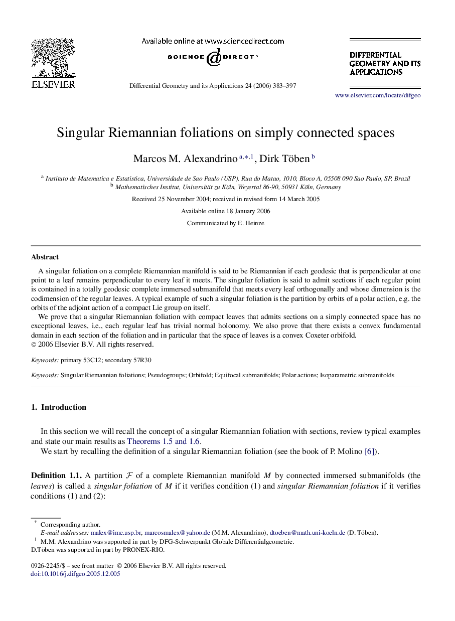 Singular Riemannian foliations on simply connected spaces
